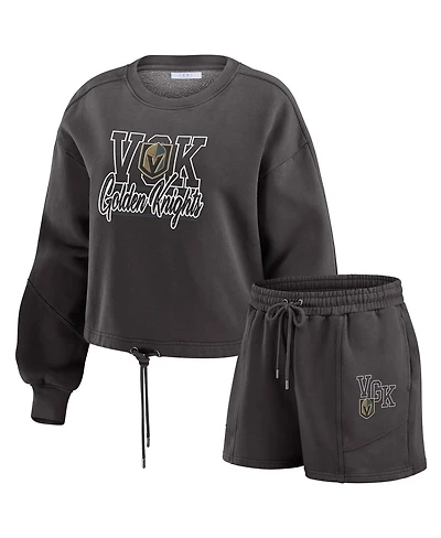 Wear by Erin Andrews Women's 2-Piece Black Vegas Golden Knights Washed Fleece Sweatshirt and Shorts Lounge Set