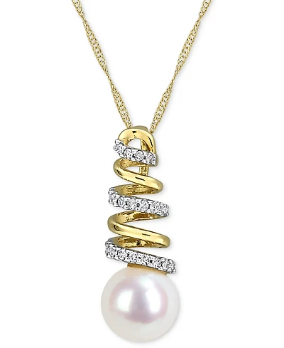 Macy's Cultured Freshwater Pearl (8mm) & Diamond (1/10 ct. t.w.) Spiral 17" Pendant Necklace in 10k Gold