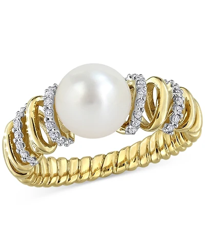 Cultured Freshwater Pearl (8-8.5mm) & Diamond (1/6 ct. t.w.) Ring 10k Yellow Gold