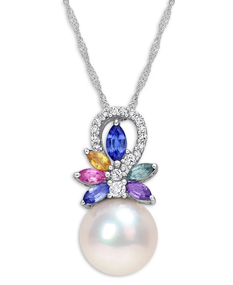 Cultured Freshwater Pearl (9-1/2mm), Multi-Sapphire (7/8 ct. t.w.) & Diamond (1/20 ct. t.w.) 17" Pendant Necklace in 14k White Gold