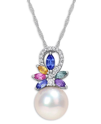 Cultured Freshwater Pearl (9-1/2mm), Multi-Sapphire (7/8 ct. t.w.) & Diamond (1/20 ct. t.w.) 17" Pendant Necklace in 14k White Gold