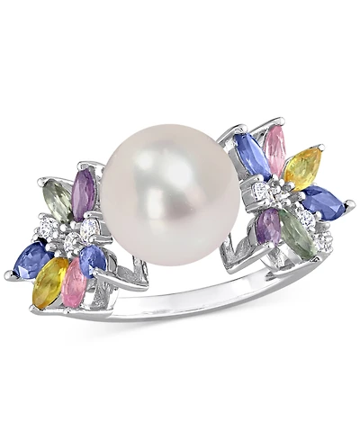 Cultured Freshwater Pearl (9mm), Multi-Sapphire (1-5/8 ct. t.w.) & Diamond (1/8 Ring 14k White Gold