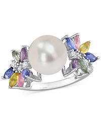 Cultured Freshwater Pearl (9mm), Multi-Sapphire (1-5/8 ct. t.w.) & Diamond (1/8 Ring 14k White Gold