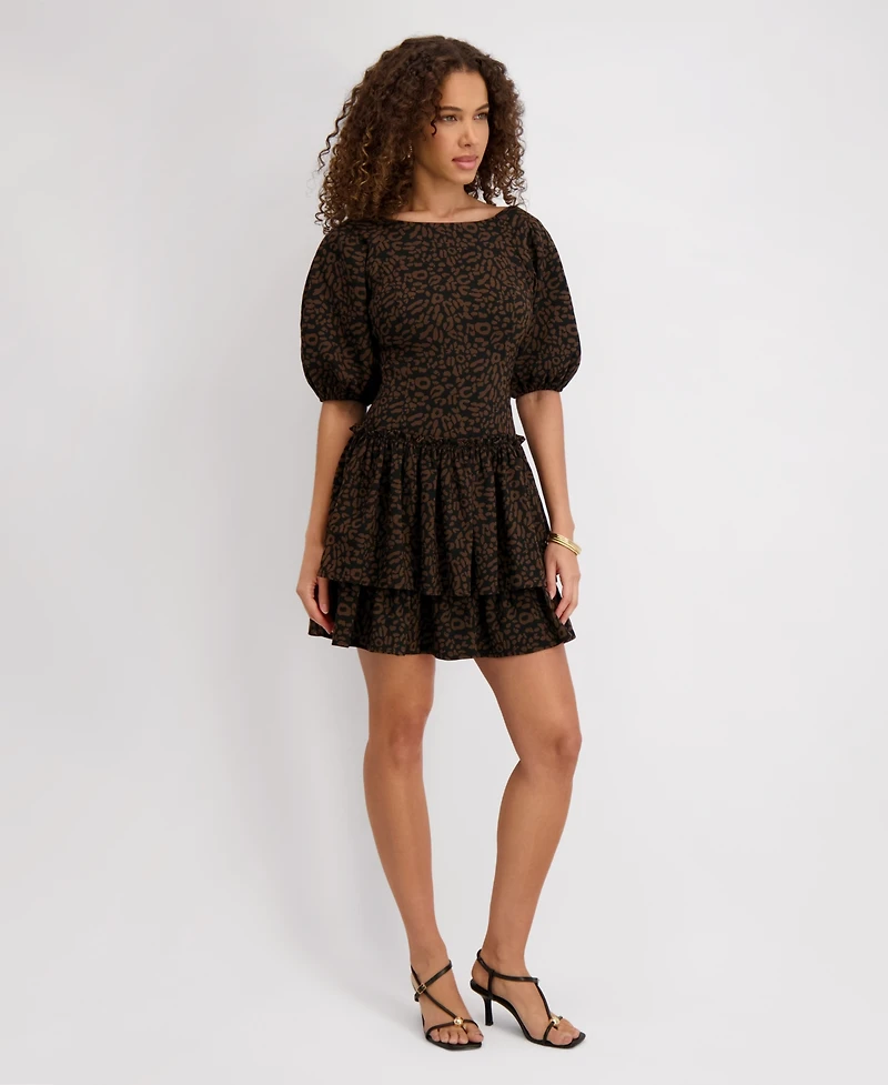 kensie Women's Stretch-Jacquard Puff-Sleeve A-Line Dress