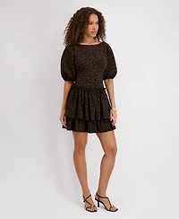 kensie Women's Stretch-Jacquard Puff-Sleeve A-Line Dress