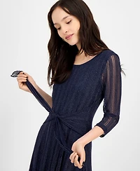 Connected Petite Mesh Tie-Waist 3/4-Sleeve Midi Dress