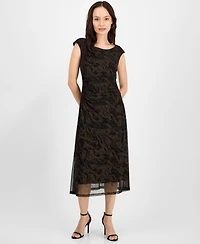 Connected Petite Printed-Mesh Cap-Sleeve Midi Dress