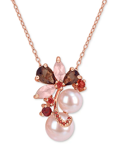 Macy's Pink Cultured Freshwater Pearl (7 & 8-1/2mm) & Multi-Gemstone (1 ct. t.w. Smokey Quartz; 3/4 ct. t.w. Rose Quartz; 3/8 ct. t.w. Garnet) Cluster