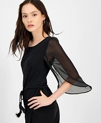 Connected Petite Bell-Sleeve Tassel-Belt Wide-Leg Jumpsuit