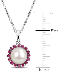 Cultured Freshwater Pearl (8mm) & Ruby (1/3 ct. t.w.) 18" Pendant Necklace in Sterling Silver