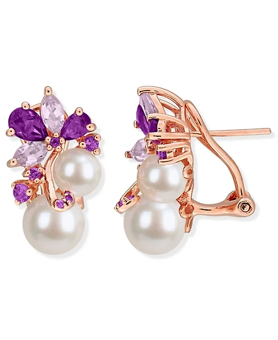 Cultured Freshwater Pearl (6 & 8mm) & Amethyst (2-1/5 ct. t.w.) Cluster Omega Back Earrings in 18k Rose Gold Flash-Plated Sterling Silver