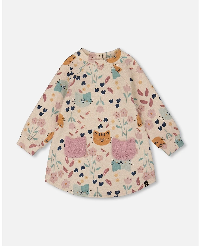 Deux par Baby Girls Glittering French Terry Dress Beige Printed Cat