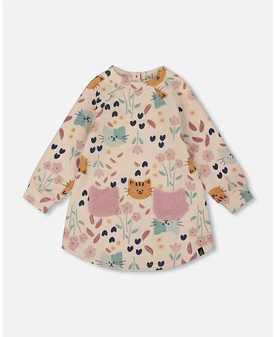 Deux par Baby Girls Glittering French Terry Dress Beige Printed Cat