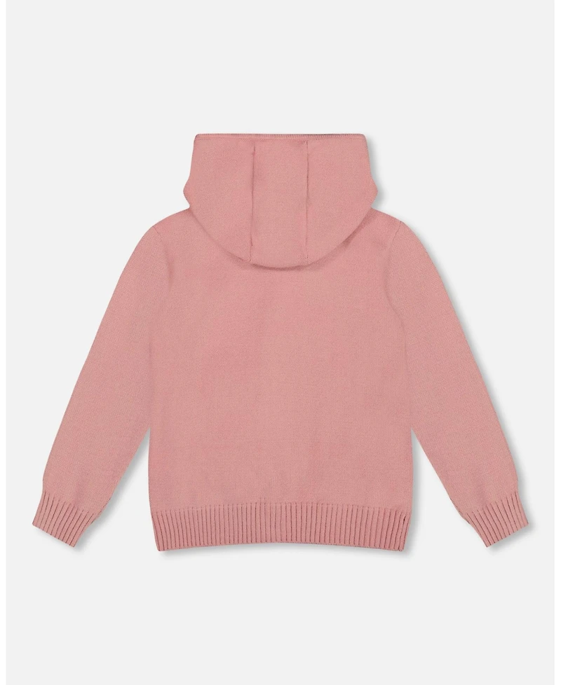 Deux par Toddler Girls Hooded Knit Cardigan Dusty Pink with Unicorn Intarsia - Toddler|Child