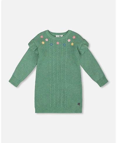 Deux par Girl Knitted Dress Sage Green with Ruffles and Floral Embroidery - Child