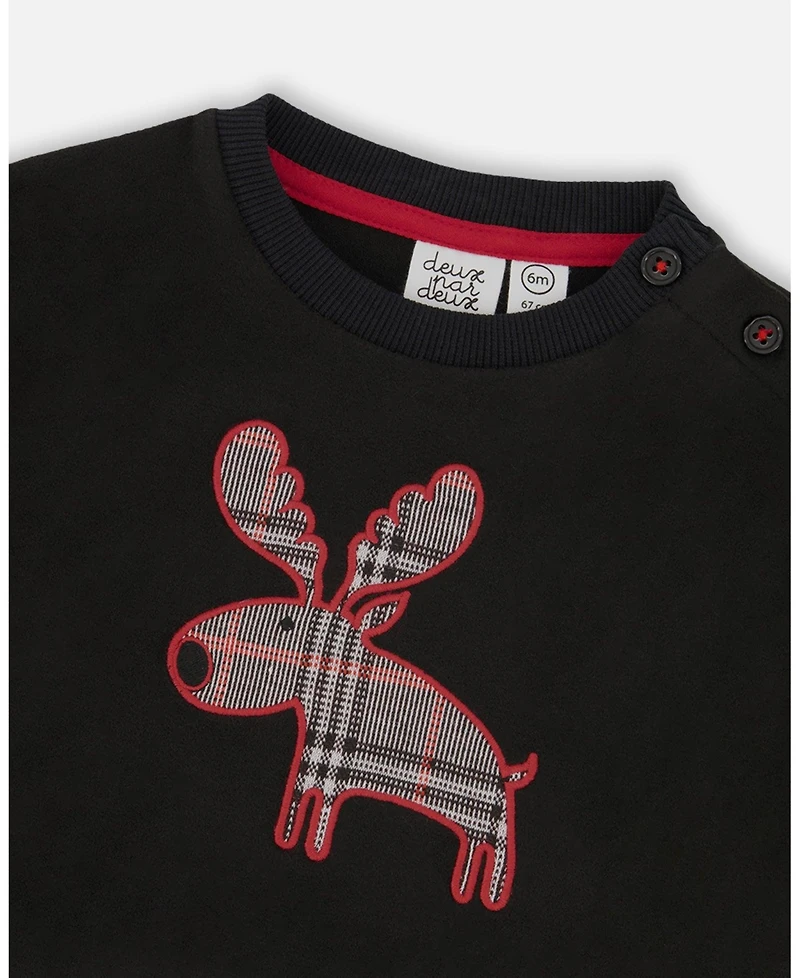 Deux par Baby Boy Sweater and Cargo Pants Set Black with Moose Applique