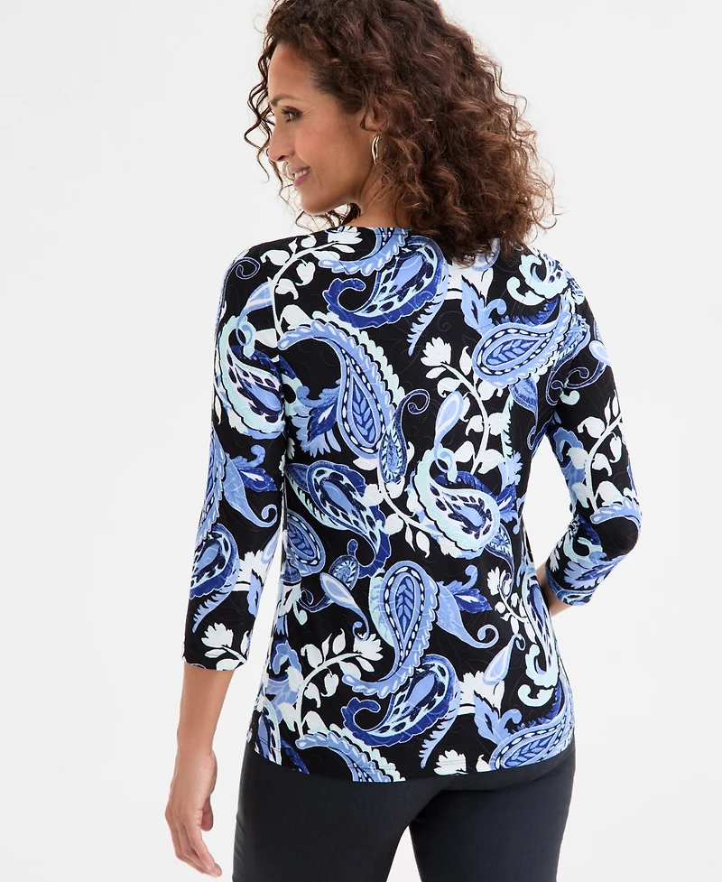 Jm Collection Women's Printed 3/4 Sleeve Scoop-Neck Jacquard Top