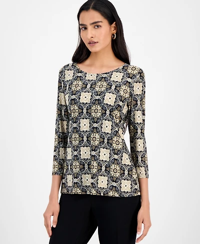 Jm Collection Petite Marana Windswept Jacquard 3/4-Sleeve T-Shirt