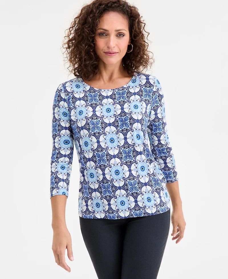 Jm Collection Women's Floral Print 3/4-Sleeve Scoop-Neck Jacquard Top