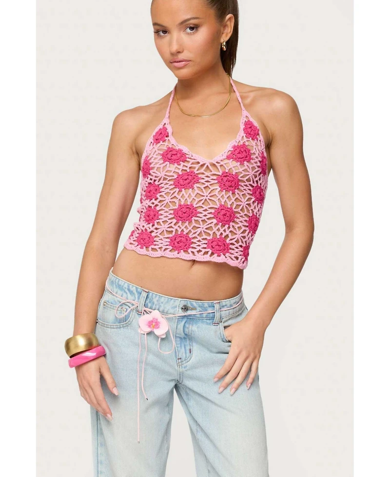 Edikted Womens Contrast Floral Crochet Halter Top
