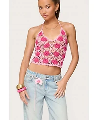 Edikted Womens Contrast Floral Crochet Halter Top