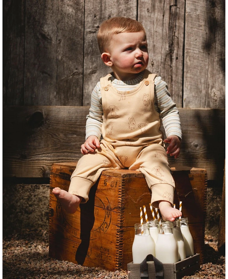 Deux par Baby Boys Cotton Onesie with Overalls Set Beige Printed Dogs