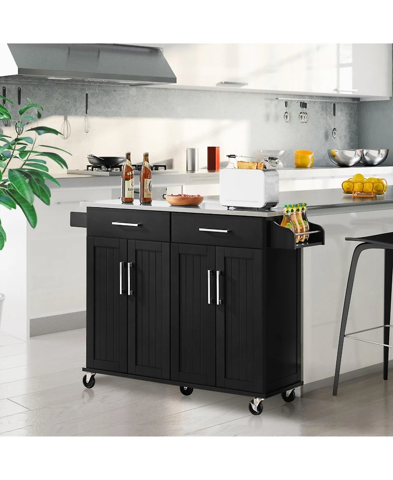 Kitchen Island on Wheels, Large with Storage Drawers & Cabinets Towel Bar Spice Rack Black