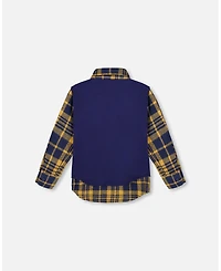 Deux par Boy Long Sleeve Plaid Flannel Shirt with Solid Vest Blue and Ocher - Toddler|Child