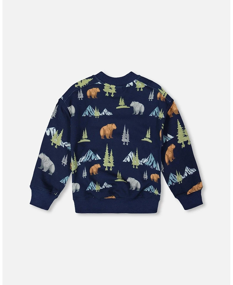 Deux par Boy Pullover Fleece Sweatshirt Navy Animal Print