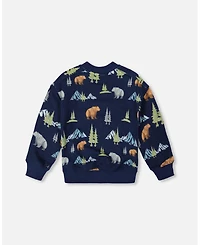 Deux par Boy Pullover Fleece Sweatshirt Navy Animal Print