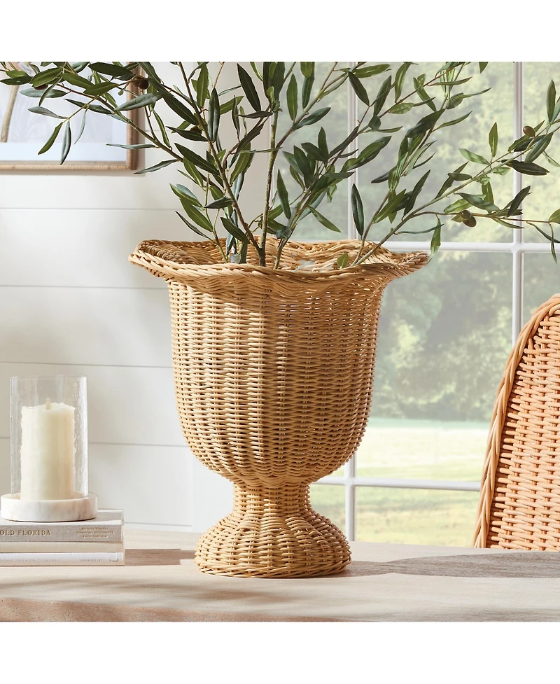 Myra Rattan Scalloped Edge Footed Urn - Natural Rattan Decor