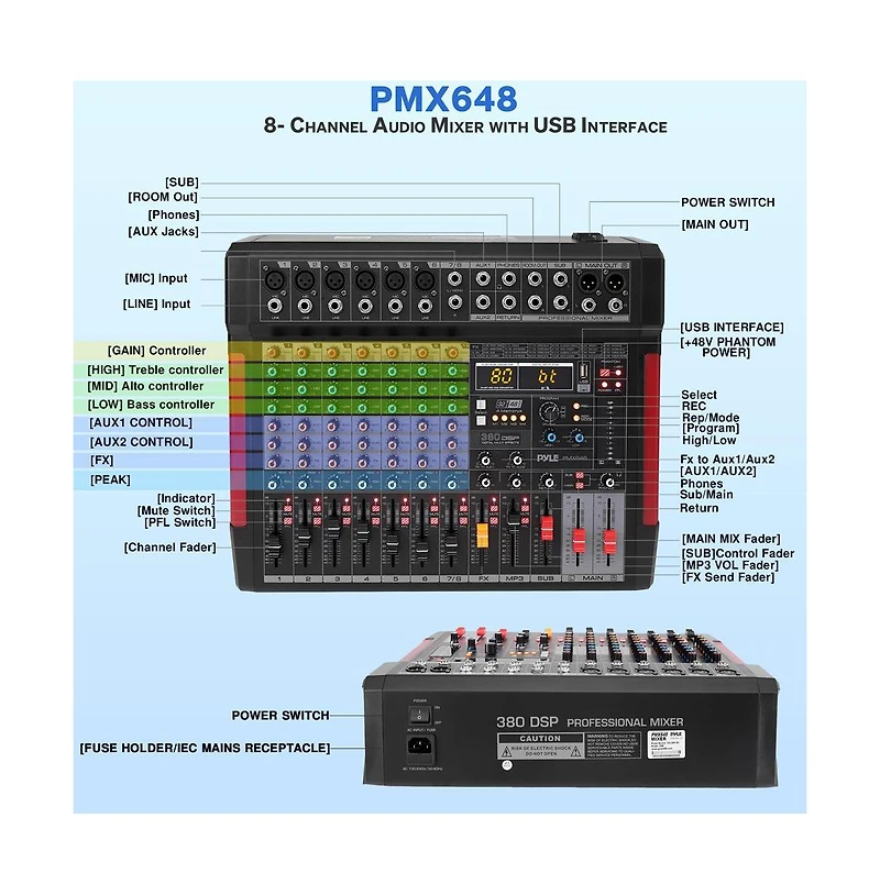 Pyle 8-Channel Wireless Bt Streaming Audio Mixer with Recording Interface, 6 Xlr Input/ 2 Output Connectors