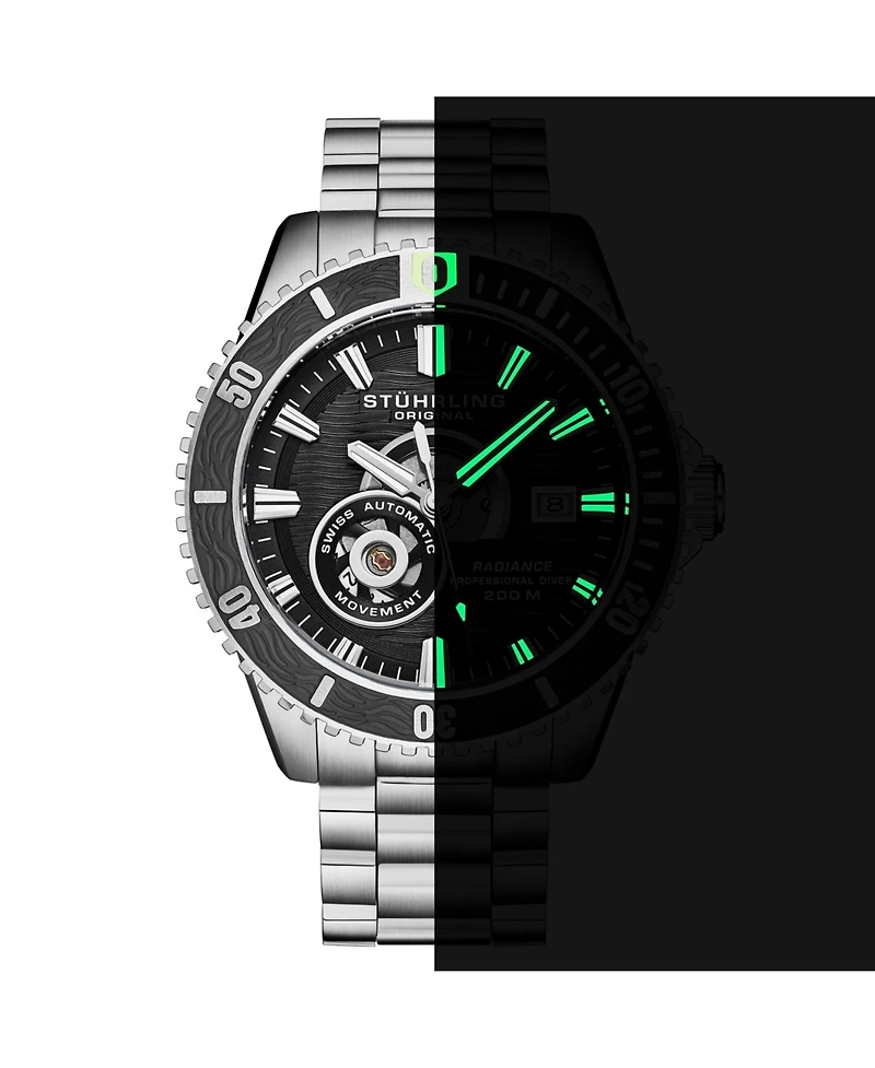Stuhrling 1013 Men s Automatic Watch Swiss Movement Black Dial Black Bezel Stainless Steel Case and Bracelet 200M Water Resistant Diver Date Window