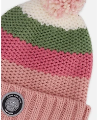 Deux par Girl Lined Knit Pompom Hat Pink and Green - Toddler|Child