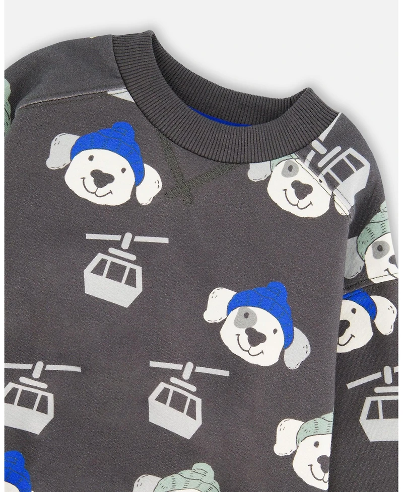 Deux par Boy Fleece Pullover Sweatshirt Gray Dog Print