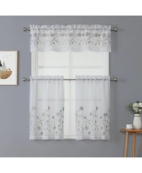 Kate Aurora Complete 3 Piece Embroidered Shabby Floral Roses Sheer Cafe Kitchen Curtain Tier & Valance Set - Neutral/Linen