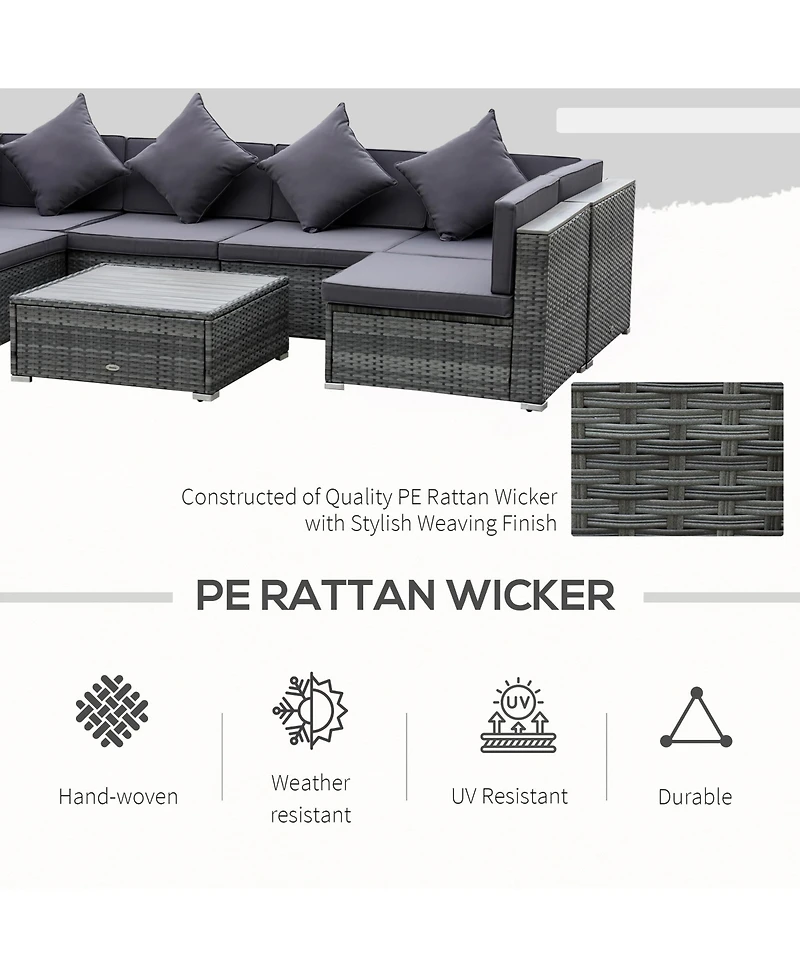 Outsunny 7-Piece Pe Rat Sectional Sofa Set with Table,