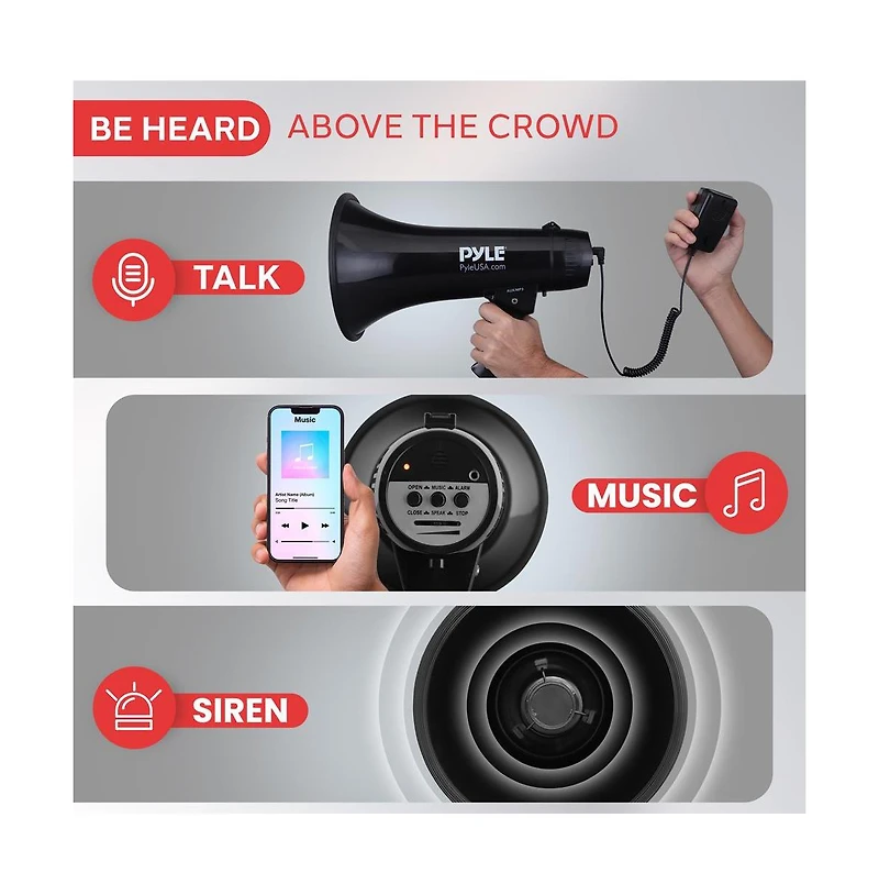 Pyle Megaphone Bullhorn with Aux Input for MP3/Music, Automatic Siren, 40 Watt