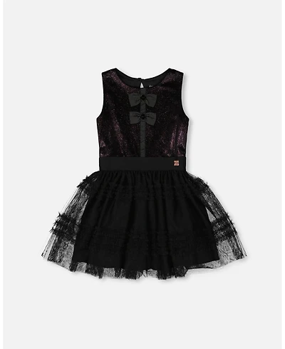 Deux par Girl Sleeveless Bi-Material Velour and Mesh Dress Black - Child