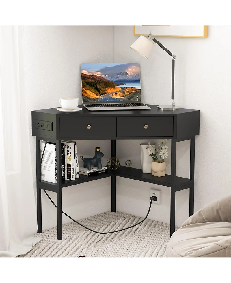 Mecale Space Saving Corner Computer Desk with 2 Large Drawers