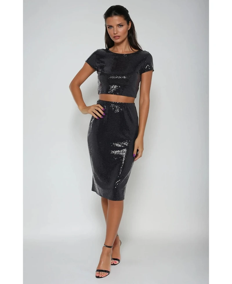 Bebe Women's Two Piece Disco Dot Top With Midi Skirt
