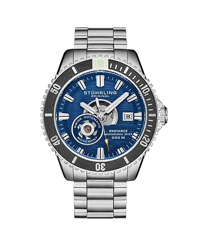 Stuhrling 1013 Men s Automatic Watch Swiss Movement Blue Dial Black Bezel Stainless Steel Case and Bracelet 200M Water Resistant Diver Date Window