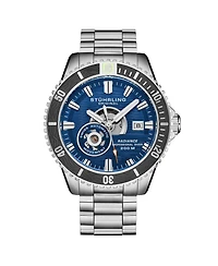Stuhrling 1013 Men s Automatic Watch Swiss Movement Blue Dial Black Bezel Stainless Steel Case and Bracelet 200M Water Resistant Diver Date Window