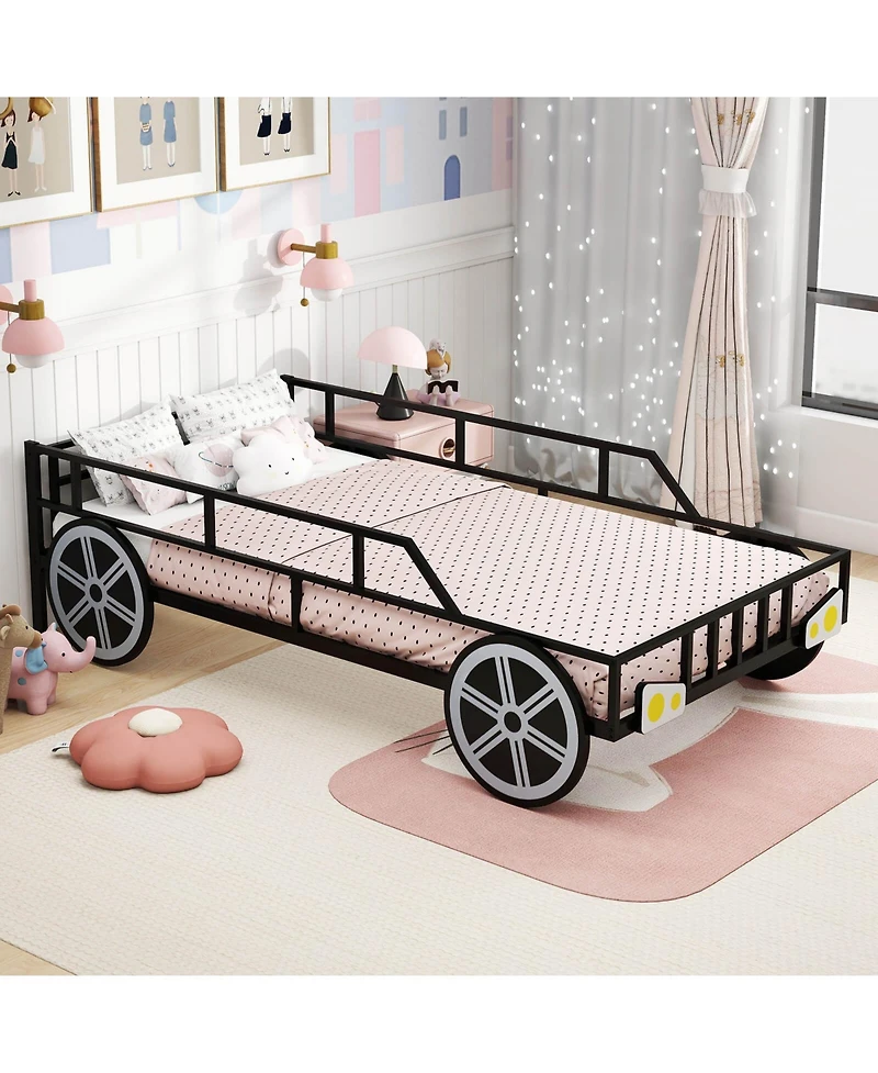 Costway Twin Car-Shaped Metal Bed Frame with Wheels Decorations Safety Guardrails