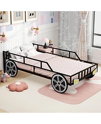 Costway Twin Car-Shaped Metal Bed Frame with Wheels Decorations Safety Guardrails