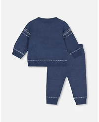 Deux par Baby Boys Knitted Jacquard Sweater and Pant Set Blue Gray with Bears
