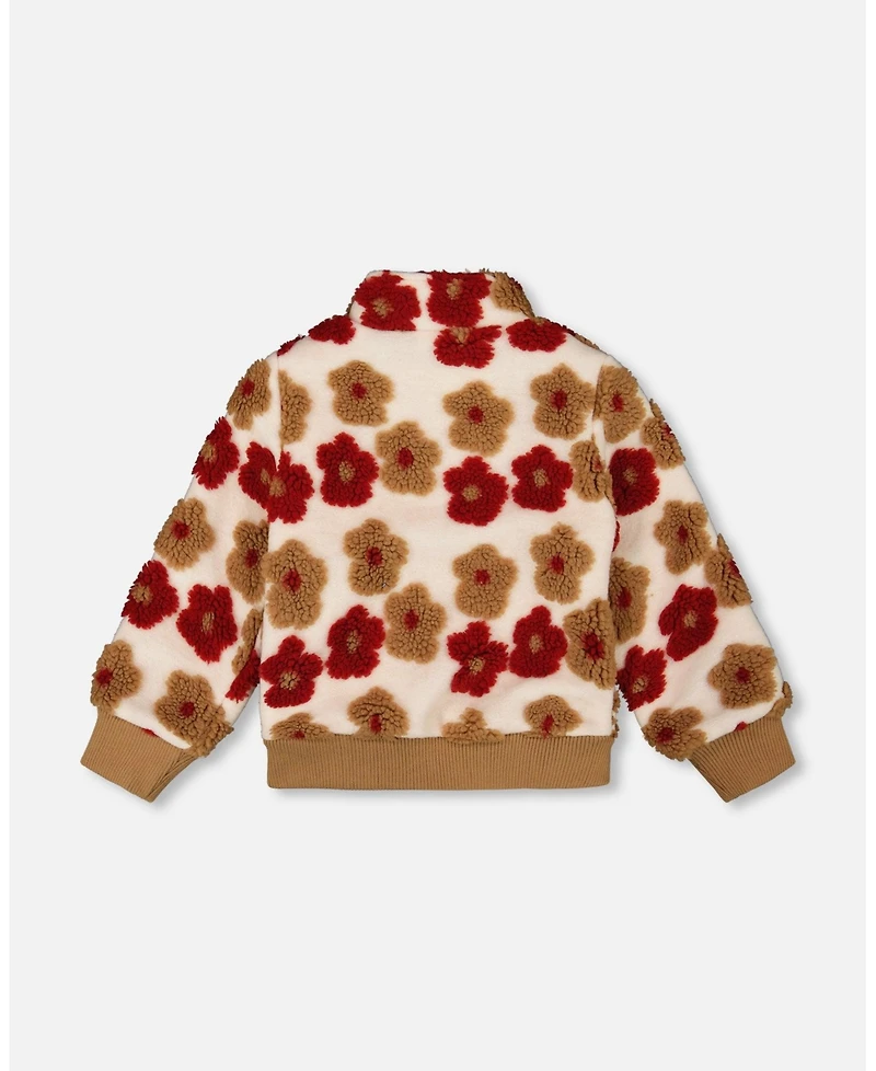Deux par Girl Full Zip Sherpa Jacket with Jacquard Floral Pattern Beige and Red