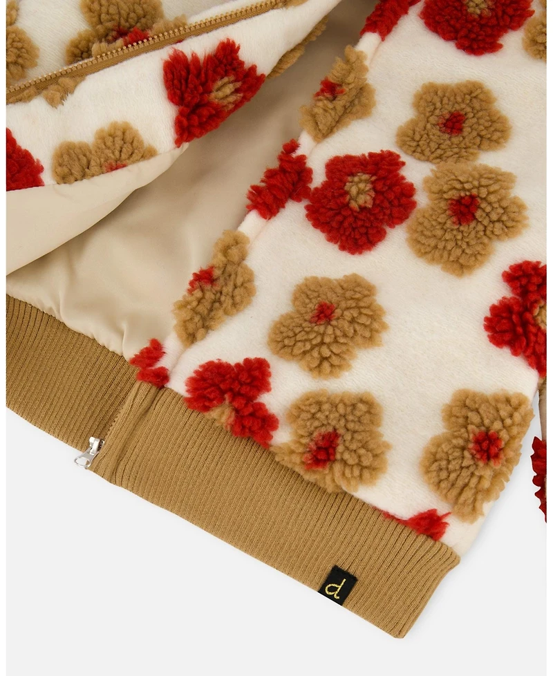 Deux par Girl Full Zip Sherpa Jacket with Jacquard Floral Pattern Beige and Red