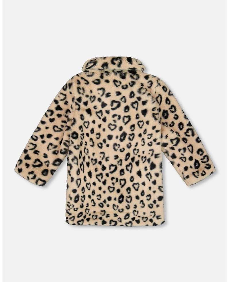 Deux par Girl Printed Fake Fur Long Coat Black and Beige Leopard - Toddler|Child