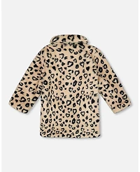 Deux par Girl Printed Fake Fur Long Coat Black and Beige Leopard - Toddler|Child